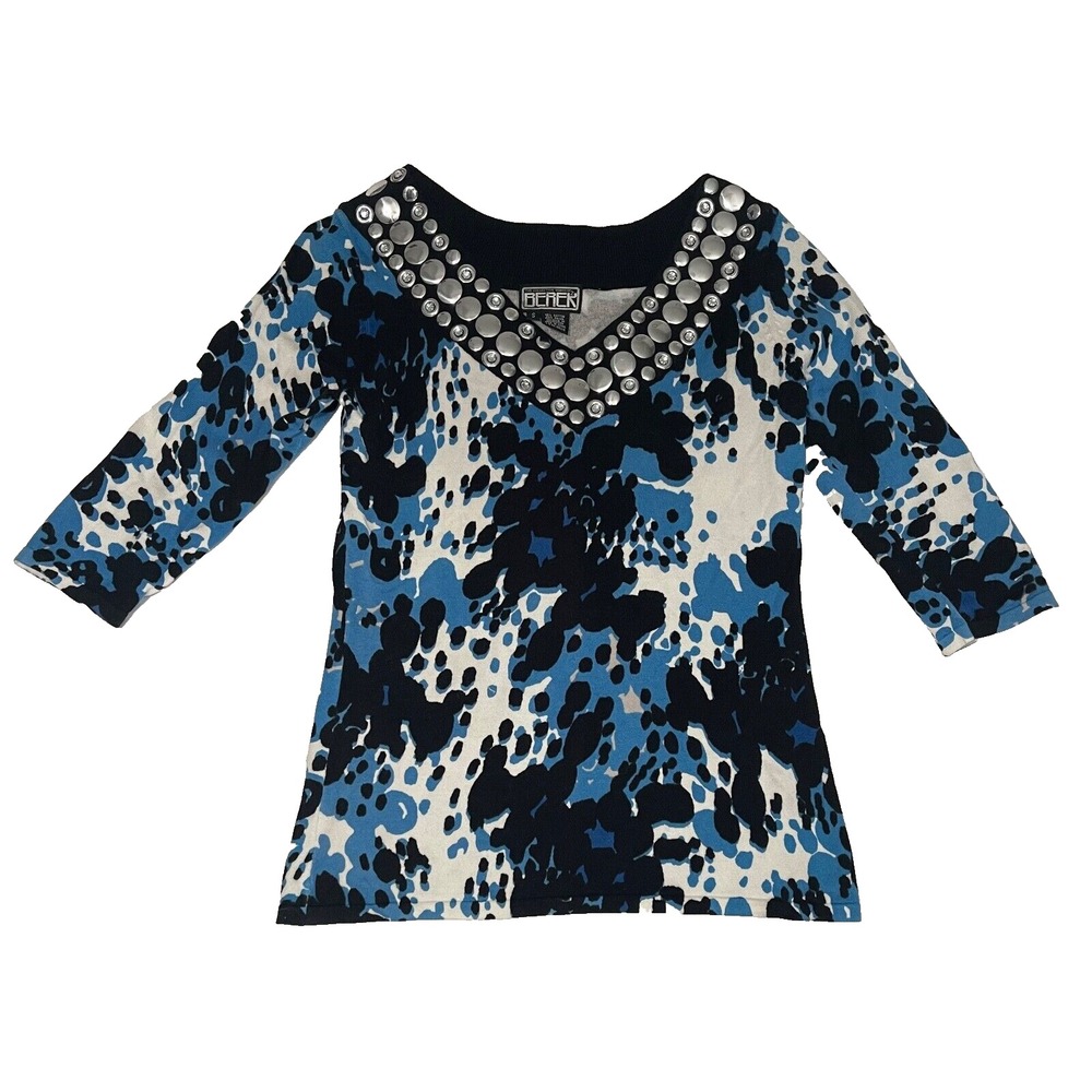 Berek Sweater‎ Women's Small Blue Multicolor Studded Neckline 3/4 Sleeves